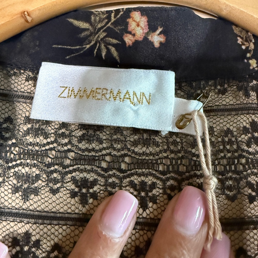 NWT Zimmermann Silk Floral Lace-Up Blouse Black Sheer Lace Pintuck Top - Picture 3 of 7